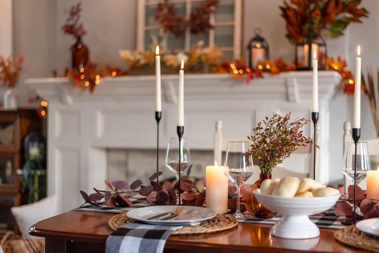 holiday dinner with candles and bread